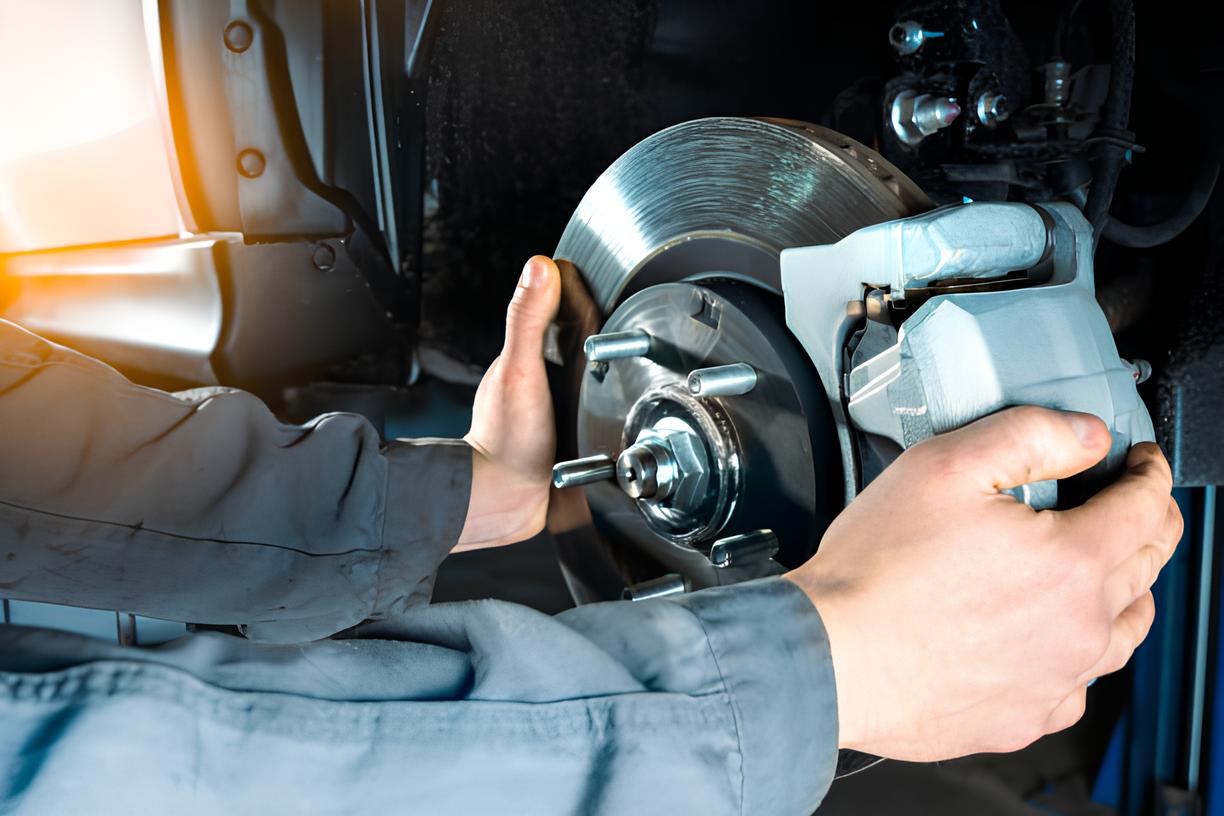 Mechanic inspecting worn brake pads during brake service at NM Performance workshop in Mona Vale