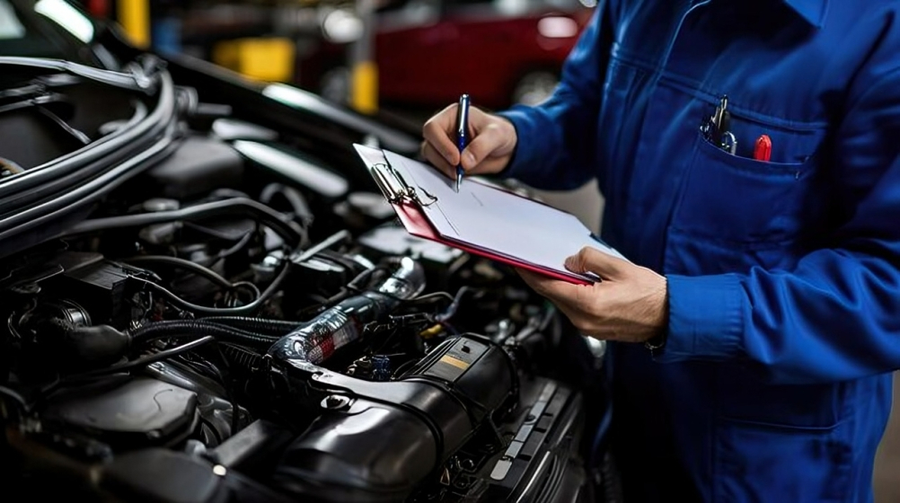 Mechanic performing logbook service inspection at NM Performance workshop in Mona Vale