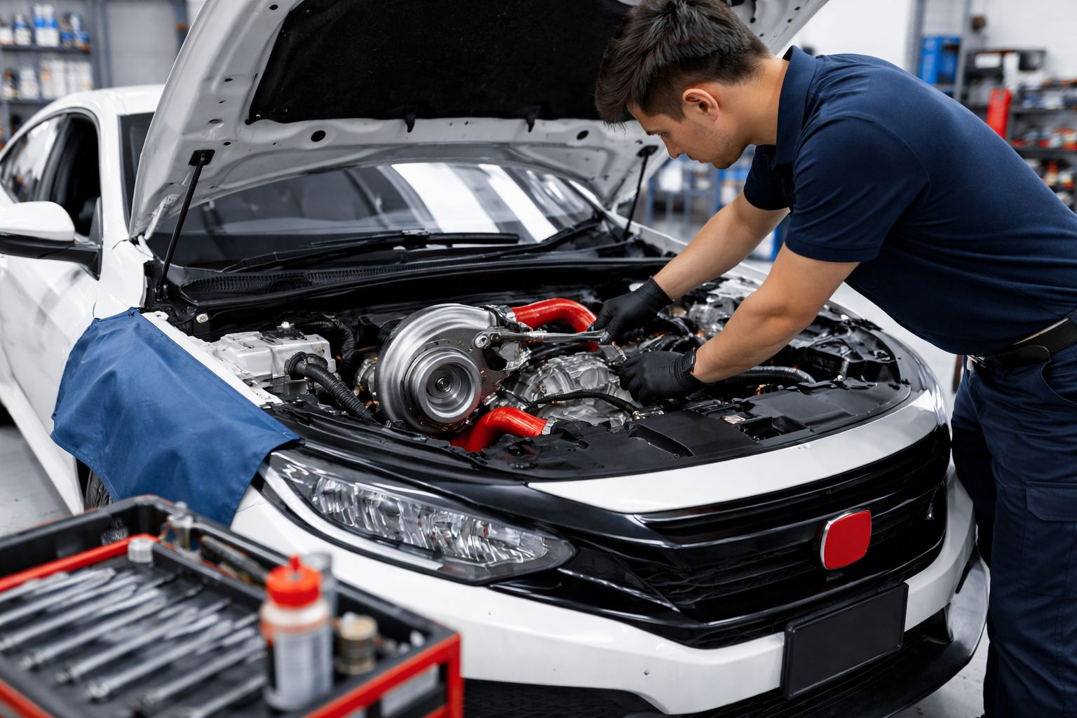 Turbocharged vehicle being serviced in workshop