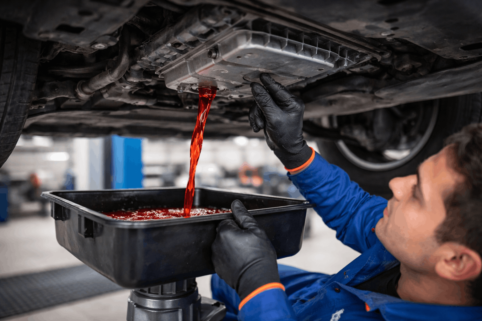 Automatic transmission fluid change being performed by professional mechanic