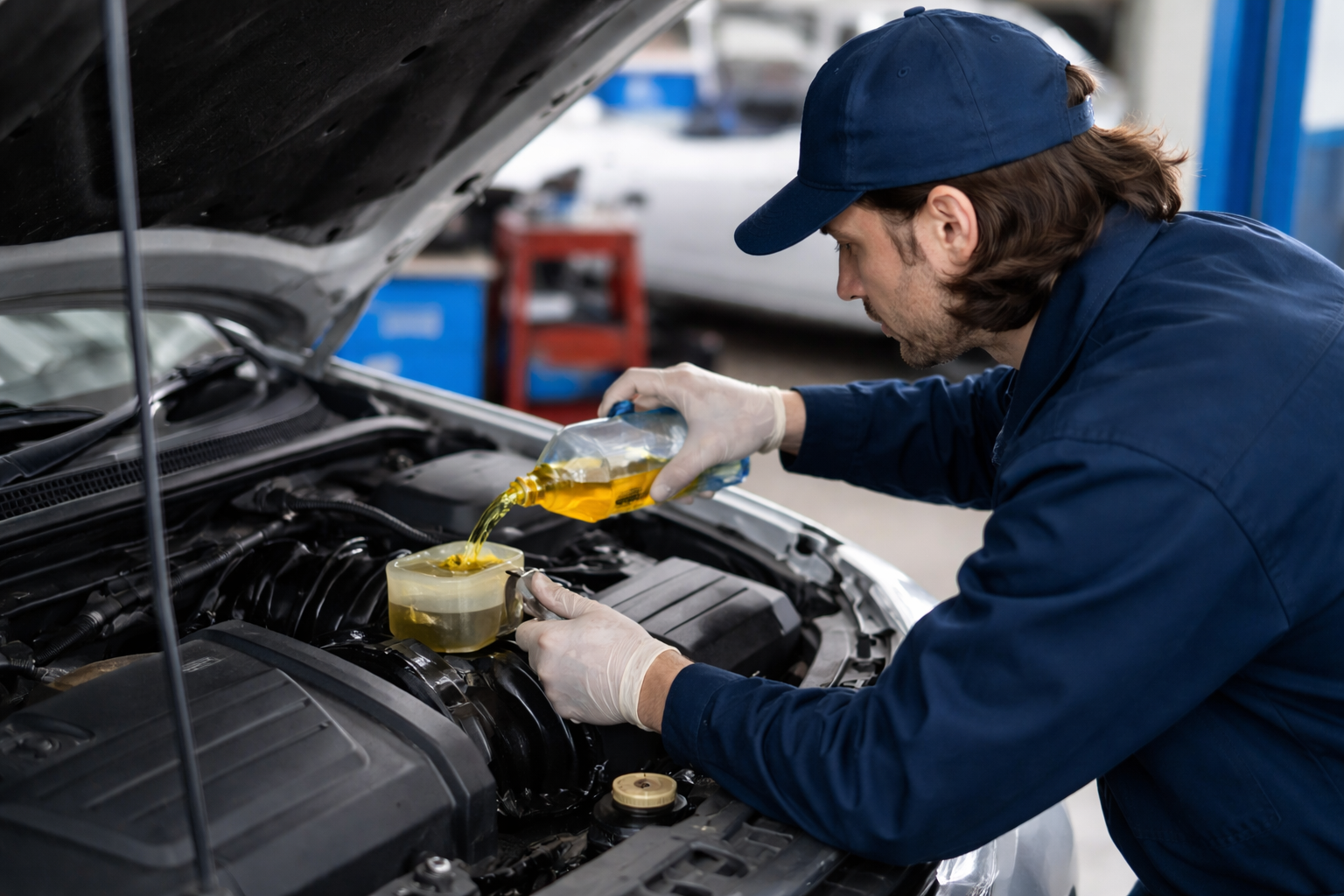 Mechanic changing brake fluid in Sydney workshop