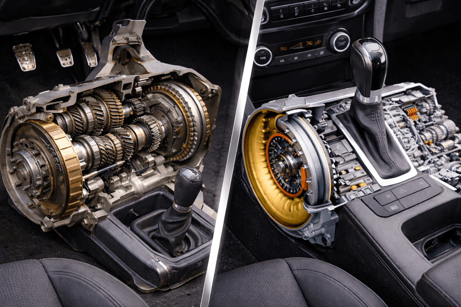 Manual vs automatic transmission comparison showing gearbox components in a car
