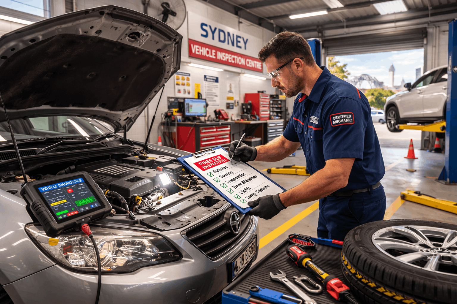 Mechanic performing pink slip inspection in Sydney workshop