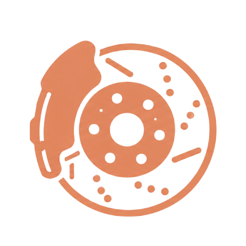 Orange illustration of a car brake rotor with a caliper, showing the brake disc with holes.