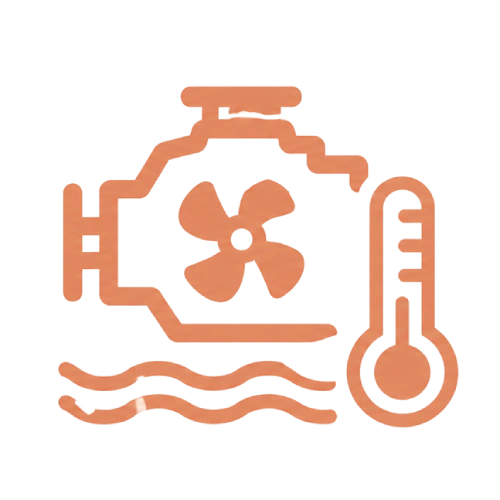 Cooling system icon showing a pump, radiator, and thermometer (orange outline)
