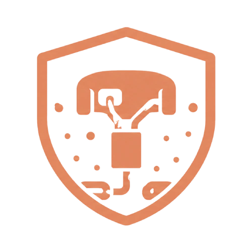 Orange shield icon representing cybersecurity and data protection, with a central connector motif.