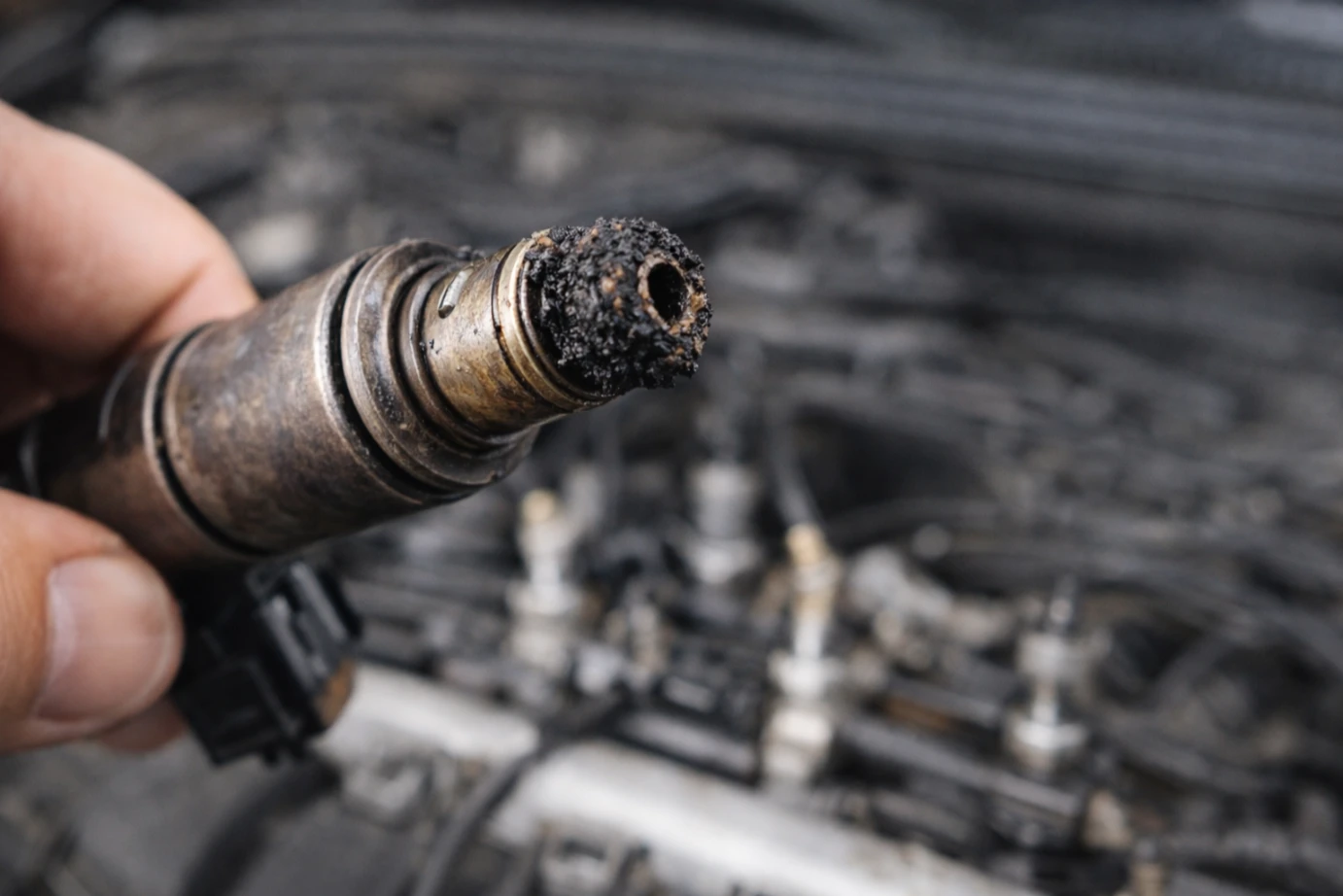 Close up of clogged fuel injector affecting engine performance