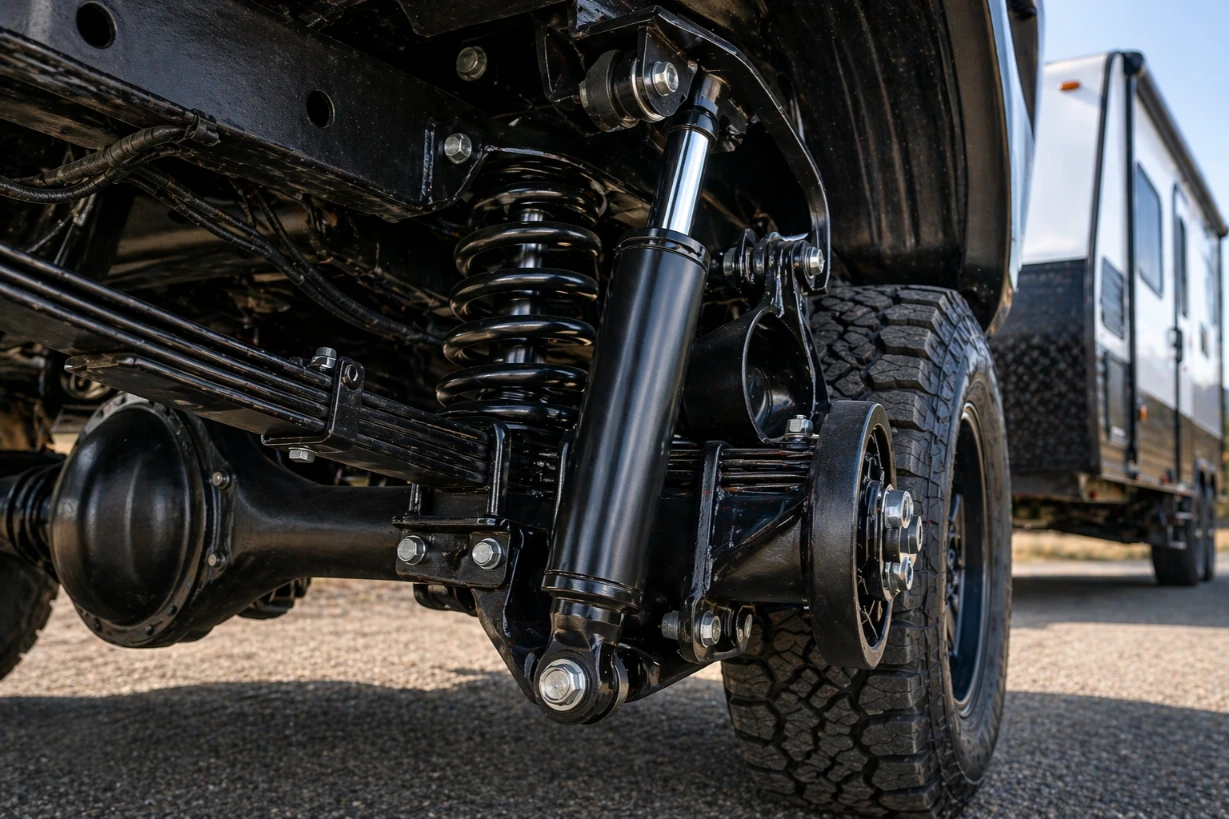 High-performance shock absorbers installed as part of a vehicle suspension upgrade for towing.