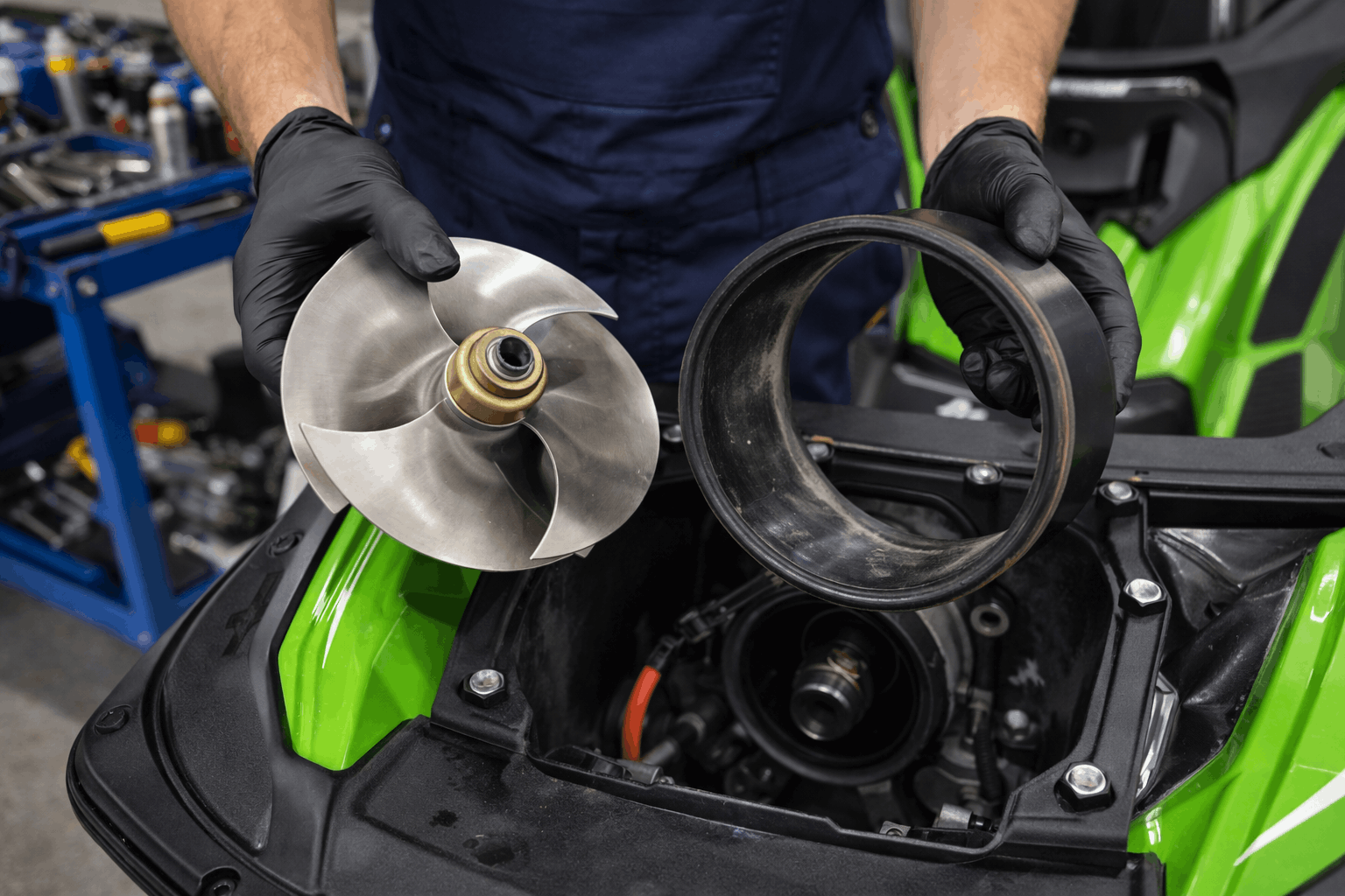 Inspection of a jet ski impeller and wear ring during routine jet ski maintenance.