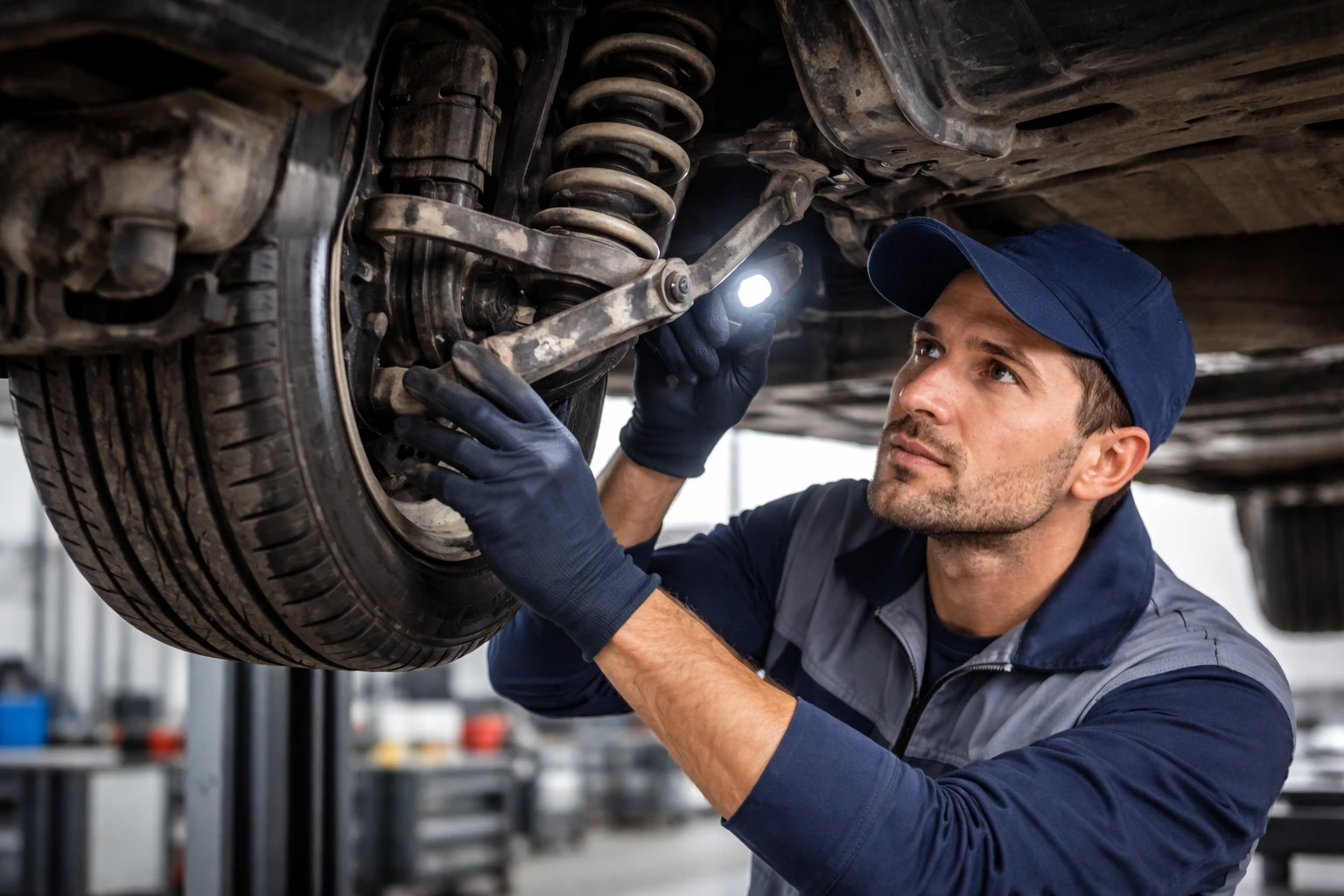 Mechanic inspecting suspension and alignment components