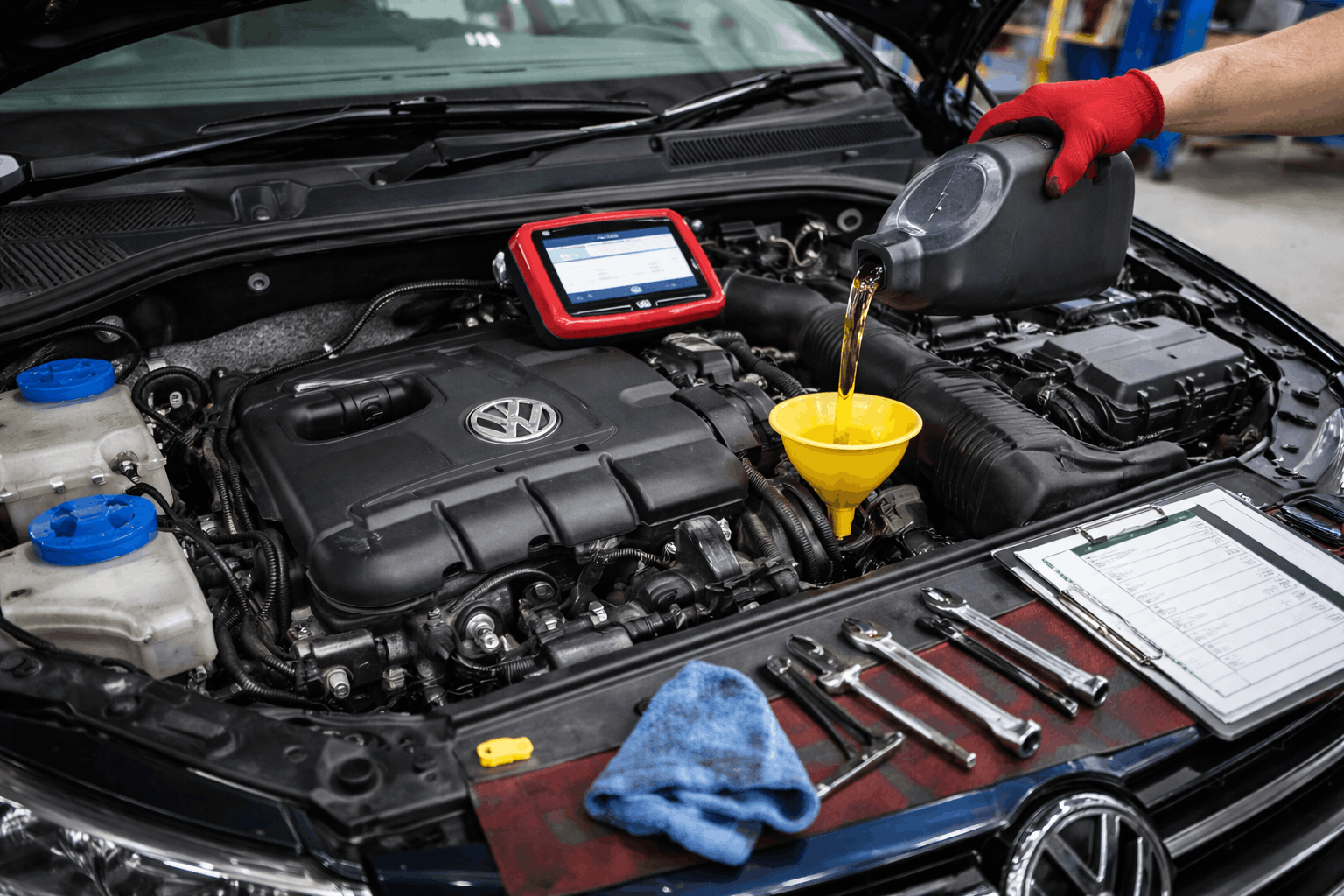 Under the bonnet view of a Volkswagen undergoing its scheduled maintenance check.
