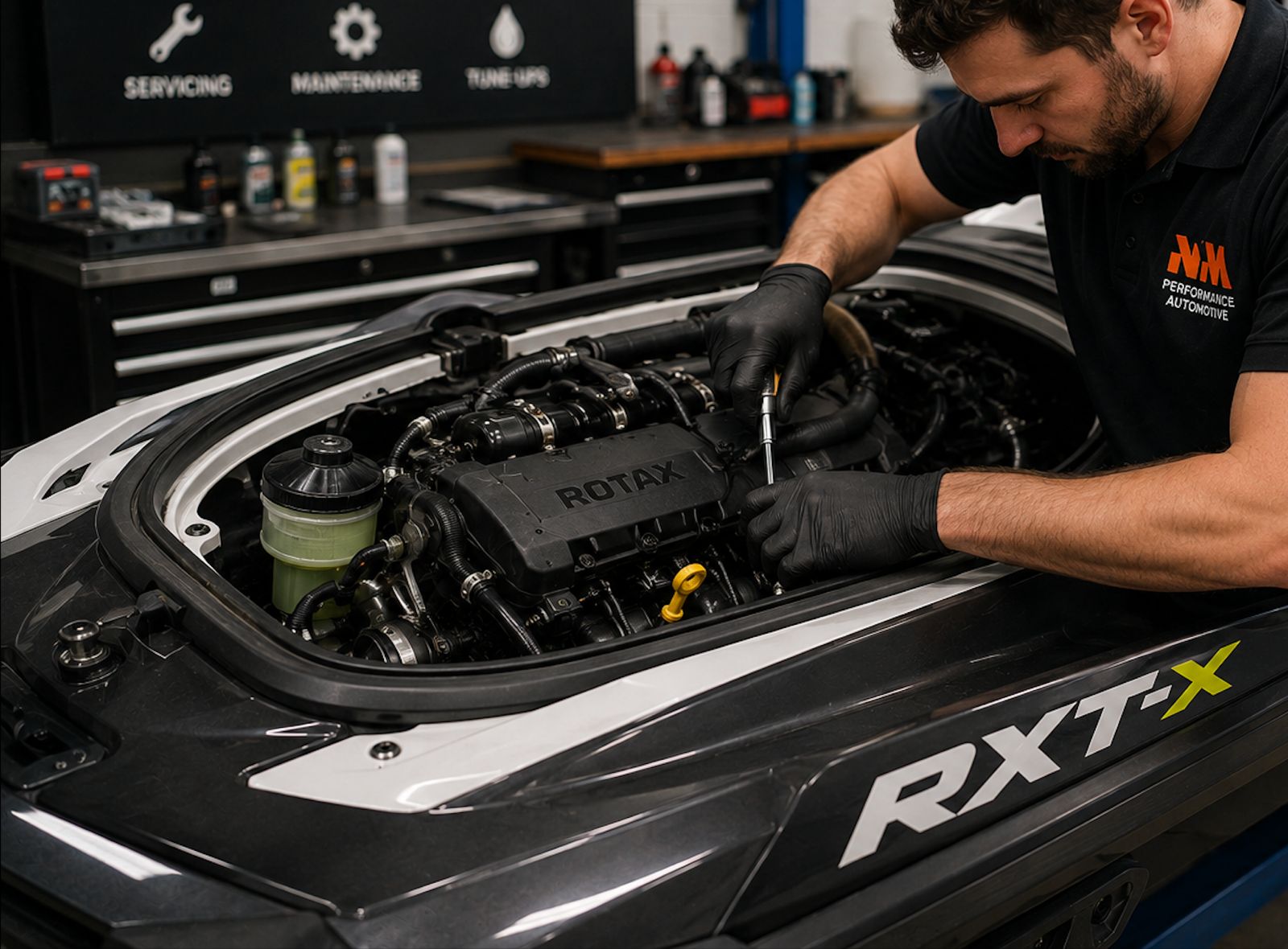 Mechanic performing jet ski engine servicing and maintenance in a professional workshop