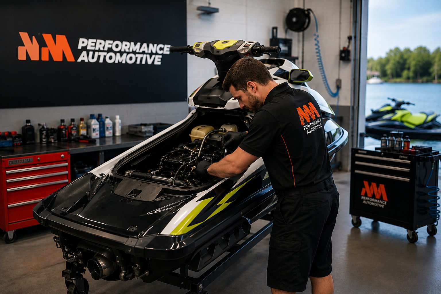NM Performance Technician performing jet ski servicing and engine maintenance in Mona Vale workshop