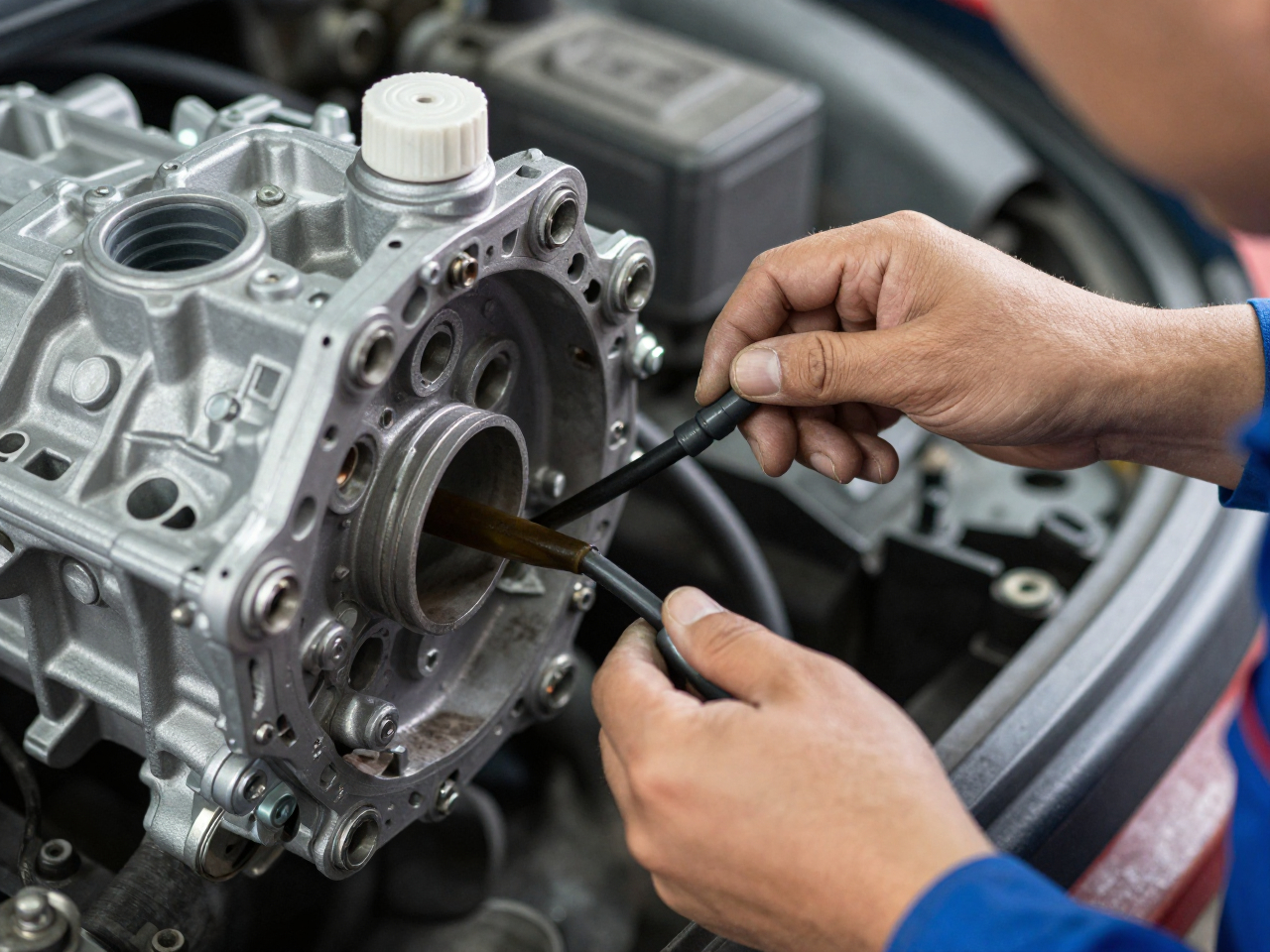 A professional mechanic performing a manual transmission fluid inspection on a hoist.