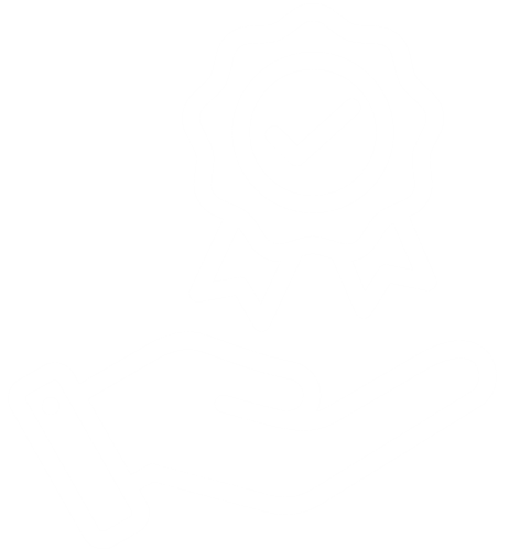 Hand holding a ribbon badge with a checkmark, symbolizing certification or quality